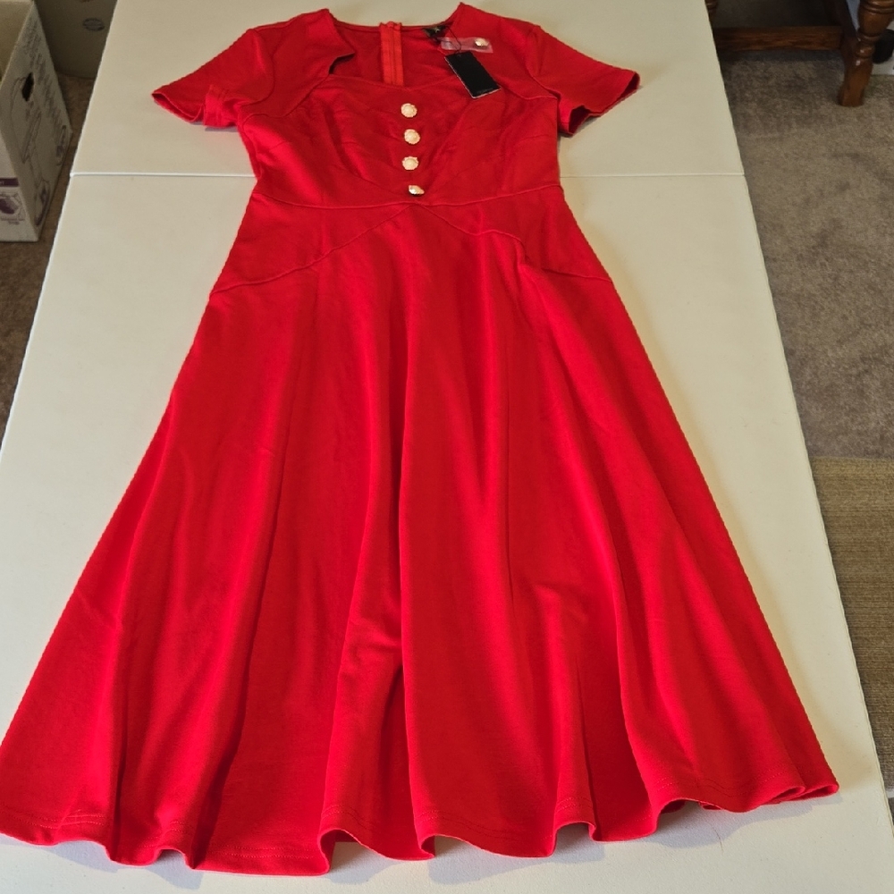 VF SHOW Elegant Red Dress with Gold Pearl Buttons, Size Small. NWT